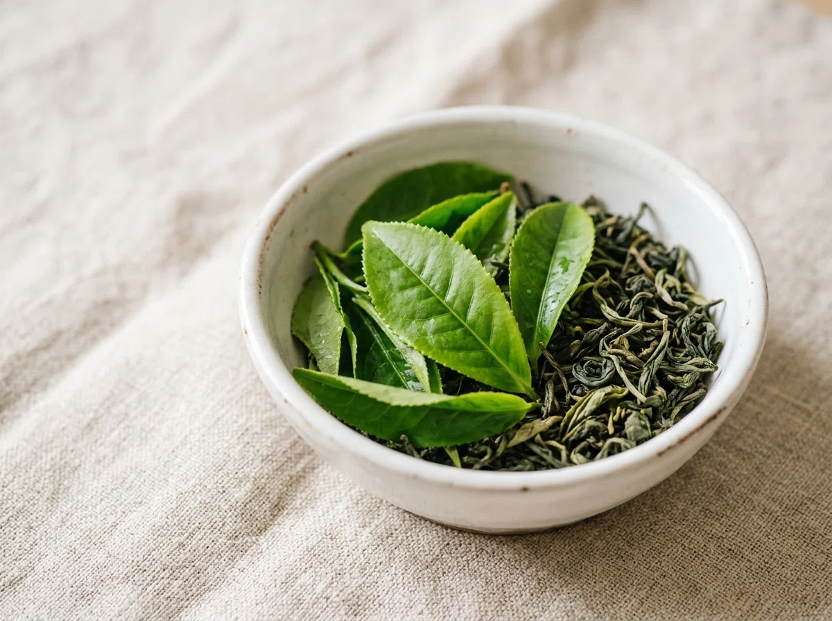 Groene thee extract dagelijkse routine mannen - verse theebladeren in keramische kom