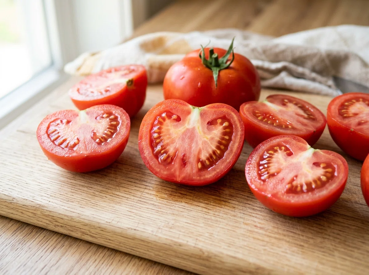 Lycopeen antioxidant celbescherming - verse rode tomaten gesneden op houten plank
